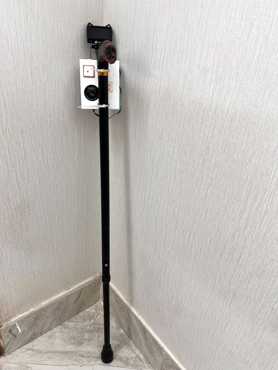 The CareCompanion assistive stick standing against a wall, camera module and display mounted near the handle.